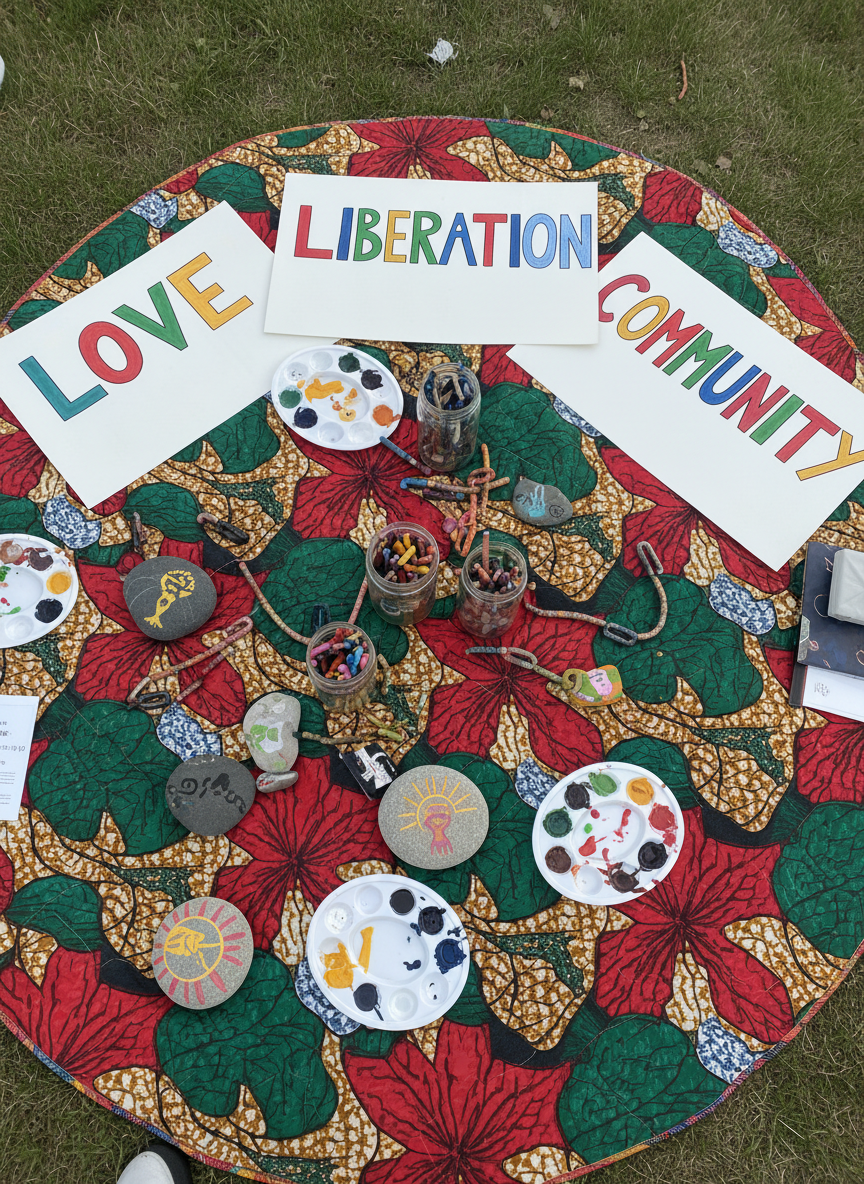 A playful, bird’s-eye view of a Juneteenth-themed community art station, laid out on a large, circular picnic blanket patterned in bright, rounded shapes of red, green, black, and gold. Spread across the blanket are paint-splattered palettes, jars of chunky crayons, smooth river stones partially painted with freedom symbols, and poster boards reading “Love,” “Liberation,” and “Community” in bold, colorful letters. Soft afternoon daylight illuminates the scene evenly, making every color pop while casting barely-there shadows that keep the mood light. The photographic realism emphasizes texture—the rough paper, glossy wet paint, and soft fibers of the blanket. The composition feels dynamic and slightly asymmetrical, with curved forms leading the eye around in a spirited, creative swirl, representing collective expression with no people visible.