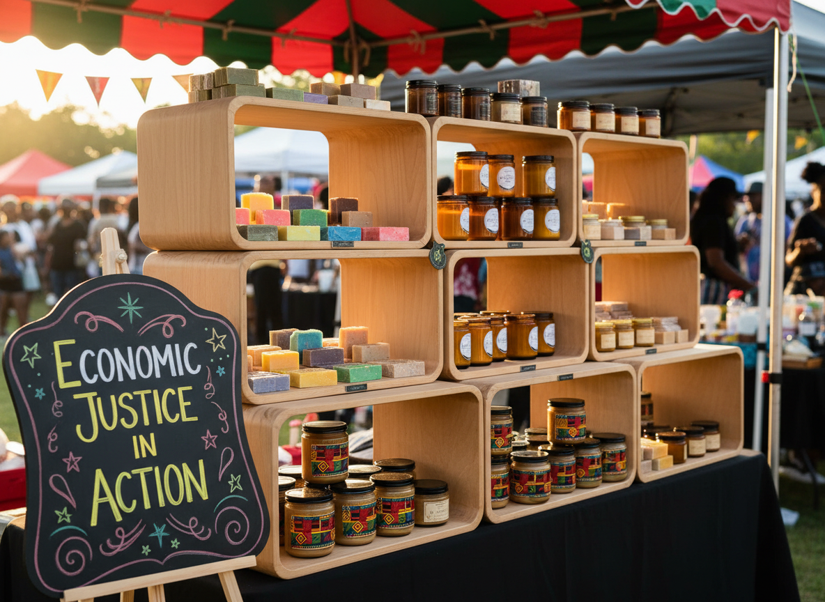 A colorful marketplace stall focused on Black entrepreneurship at the Juneteenth celebration, displayed entirely through products: wooden shelves with smooth, rounded edges holding vibrant handmade soaps, candles in amber glass jars, and jars of shea butter labeled with bold Afrocentric patterns. A curved chalkboard sign propped beside the stall reads “Economic Justice in Action” in bright chalk lettering, surrounded by doodled stars and swirls. Overhead, a striped canopy in red, black, and green casts soft, diffused shade, while warm afternoon light sneaks in from the sides, creating gentle highlights on the glass and wax. Captured in photographic realism from a three-quarter angle, with a slight background blur of other colorful tents, the mood is energetic, creative, and celebratory of generational wealth and local business.