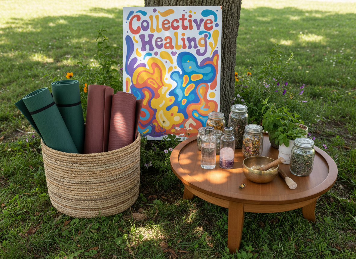 An imaginative wellness corner at the Pottstown Juneteenth Celebration, shown through inviting objects only: yoga mats in deep green and warm maroon rolled neatly in a circular basket, a low wooden table with rounded corners holding crystal water bottles, herbal tea jars, and a brass singing bowl. A large illustrated poster reading “Collective Healing” leans against a tree, decorated with flowing, whimsical shapes in bright colors. Dappled late-morning sunlight filters through leaves, casting soft spotty patterns on the grass and objects. Photographic realism with a slightly elevated angle and balanced composition, the scene feels calm yet lively, emphasizing community wellness and rest in a playful, nature-filled setting, with no people in view.